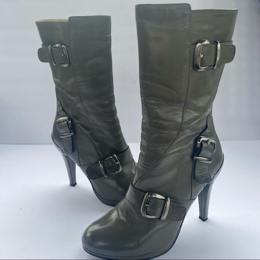 JUNO leather Heeled moto buckle Boots gray silver size 36